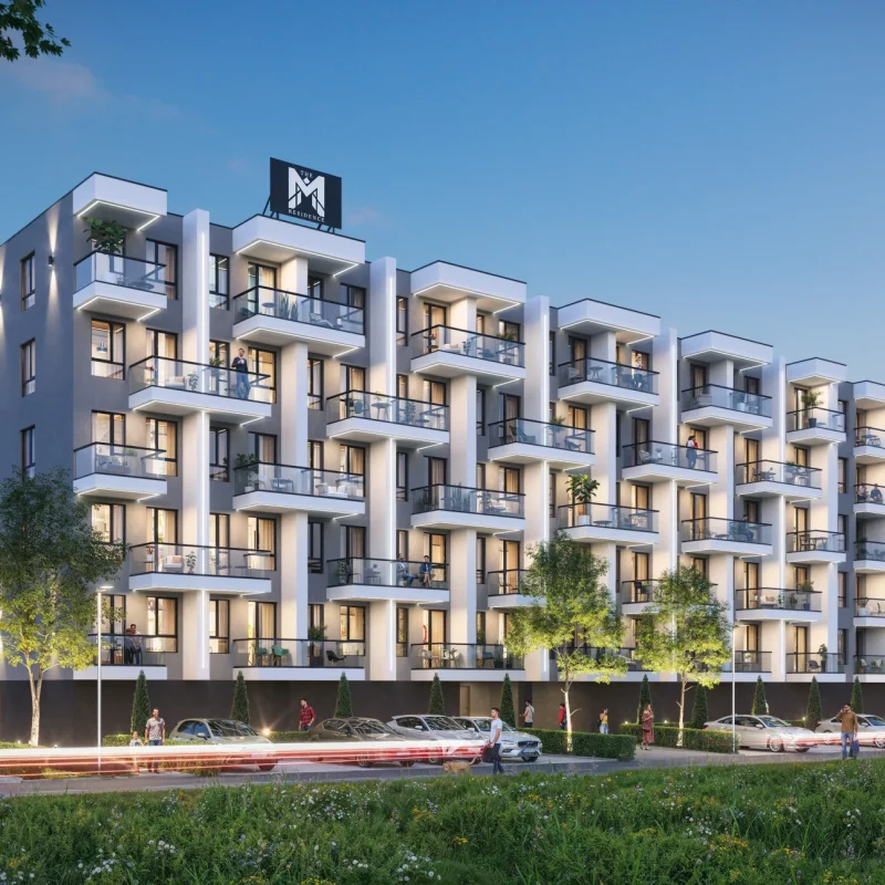 Визуализация на M Residence Solis 3 — шестетажна жилищна сграда по здрач с заоблени балкони и монограм „M“ на покрива.